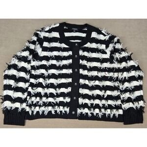 Liverpool Los Angeles Black White Fringe Stripe Cardigan Sweater XL LM8H63SR19